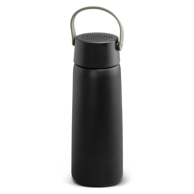 A drink bottle in black with a green handle, featuring a built-in Bluetooth speaker. It has a simple, sleek design.