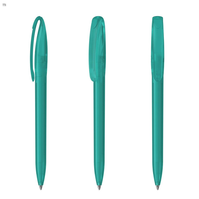 A plastic pen in a vibrant teal colour, featuring a clip and smooth grip. It has a logo on the side.