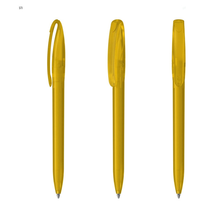 A set of transparent yellow plastic pens with clip and retractable tips, featuring a logo.