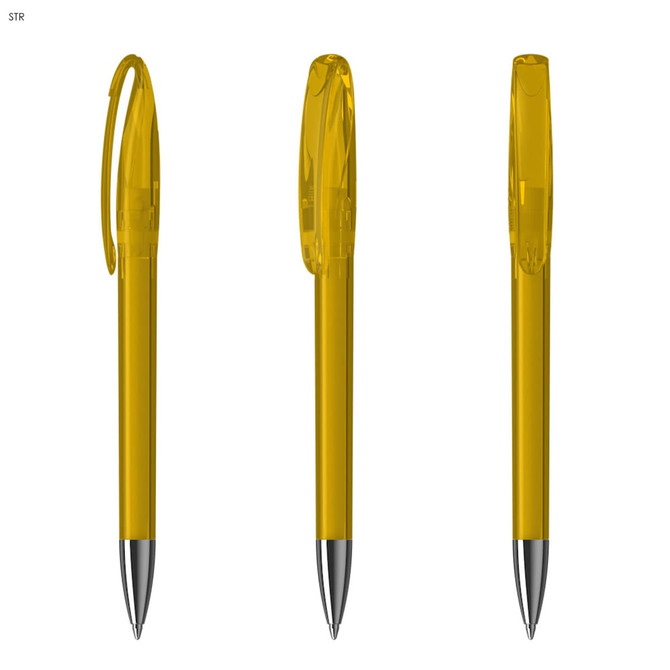A plastic pen in a transparent yellow hue with a silver tip, featuring a clip and a smooth design.