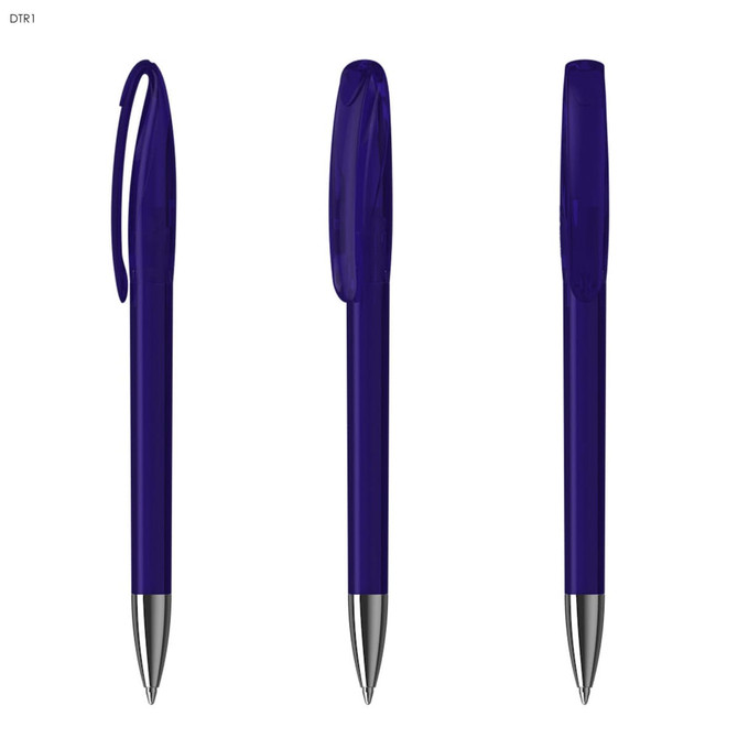 A purple plastic pen with a sleek design and chrome tip, featuring a clip and a smooth finish.