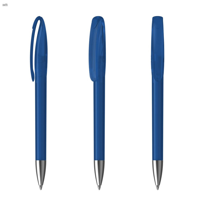 A blue plastic pen with a clear cap and silver clip, displayed from three angles. It features a logo.