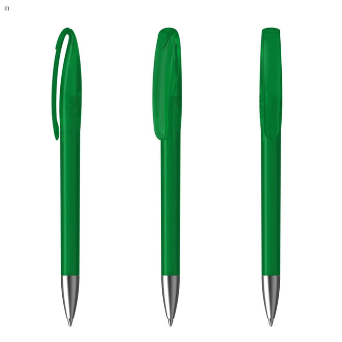 A green plastic pen with a clip and a silver tip, displayed from three different angles.