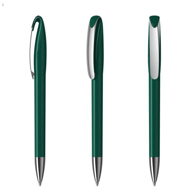 Three green plastic pens with silver accents, featuring a clip and a smooth barrel design.