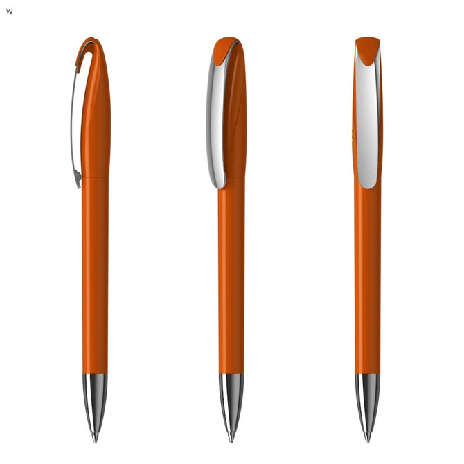 An orange plastic pen with a silver clip and tip, displayed from three angles, featuring a simple design.