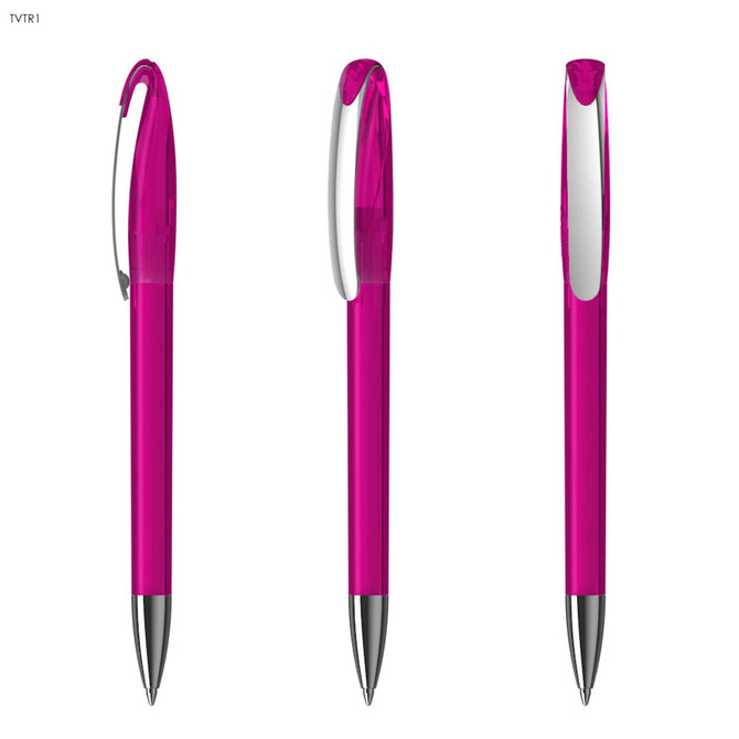 A set of three pink plastic pens with shiny silver accents and clip. Each pen features a transparent design.