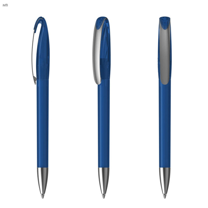 A blue plastic pen with a transparent cap and silver accents, displayed from three angles.