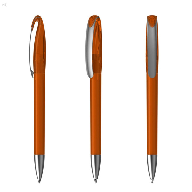 An orange plastic pen with a silver clip, displayed from three angles, features a sleek design.