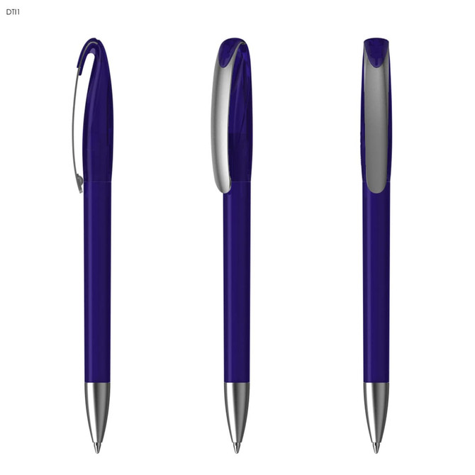 A plastic pen in a vibrant purple colour with a silver clip and tip, featuring a simple design. It has a logo on it.