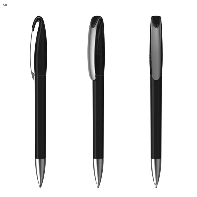 A set of three black plastic pens with silver accents and a logo on the side.