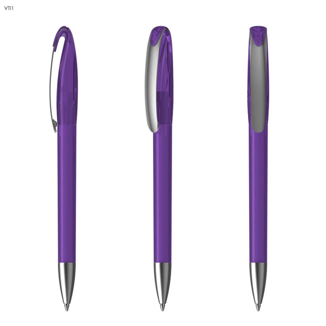 Three purple plastic pens are displayed from different angles, each featuring a silver clip and tip.