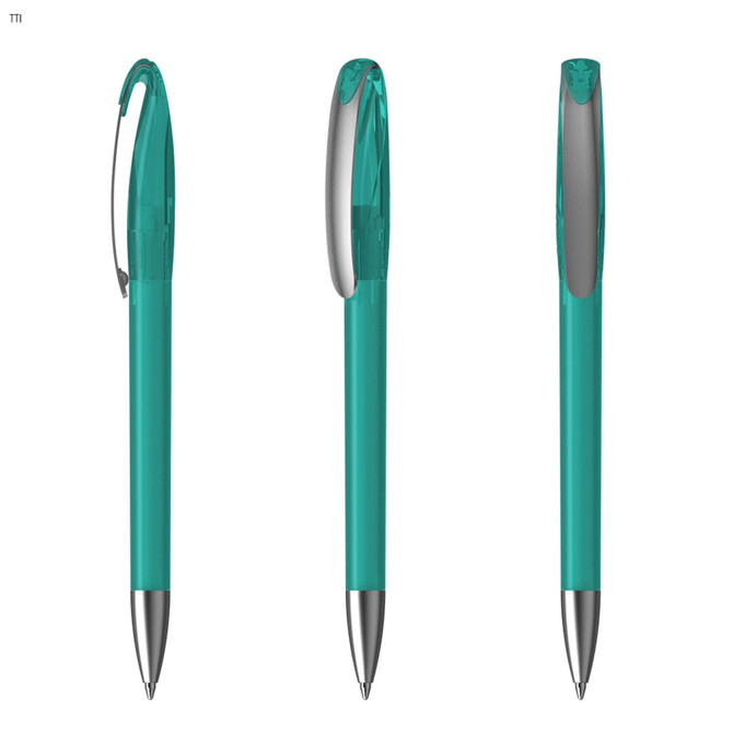 A teal plastic pen with a silver clip and tip, featuring a sleek design and branding on the side.