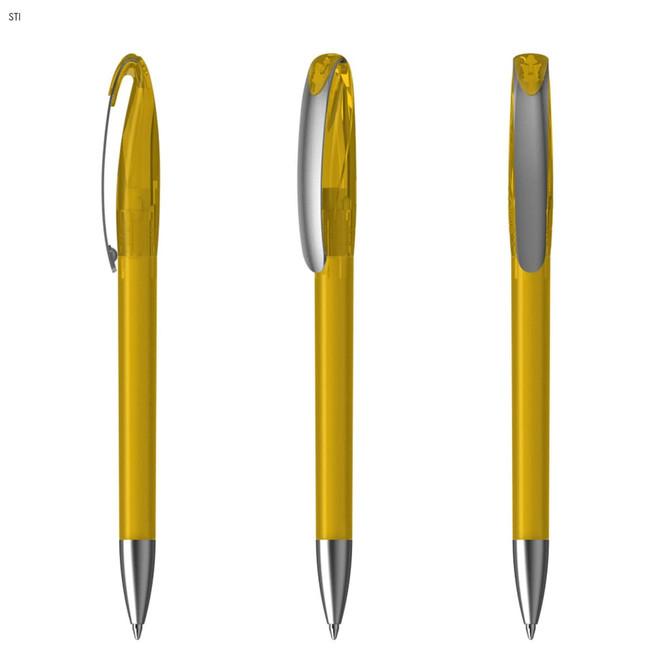 A set of yellow plastic pens with a sleek design and metallic silver accents, featuring a clip on the top.