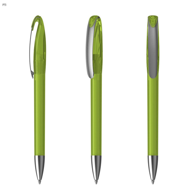 Three plastic pens in bright green with silver accents, featuring a clip for attachment. Each pen has a glossy finish.