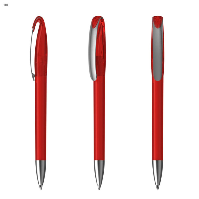 A bright red plastic pen with a silver clip and tip, displayed from three different angles.