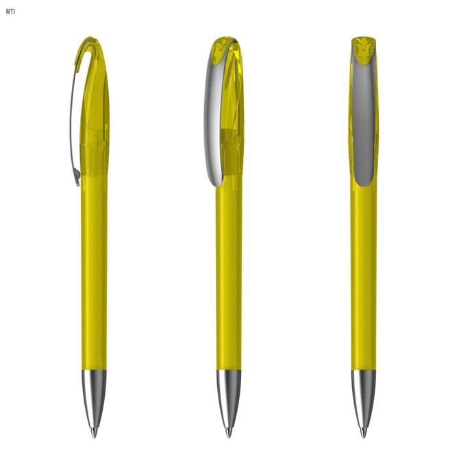 A plastic pen in bright yellow with a silver clip and a shiny tip, featuring a logo on its surface.