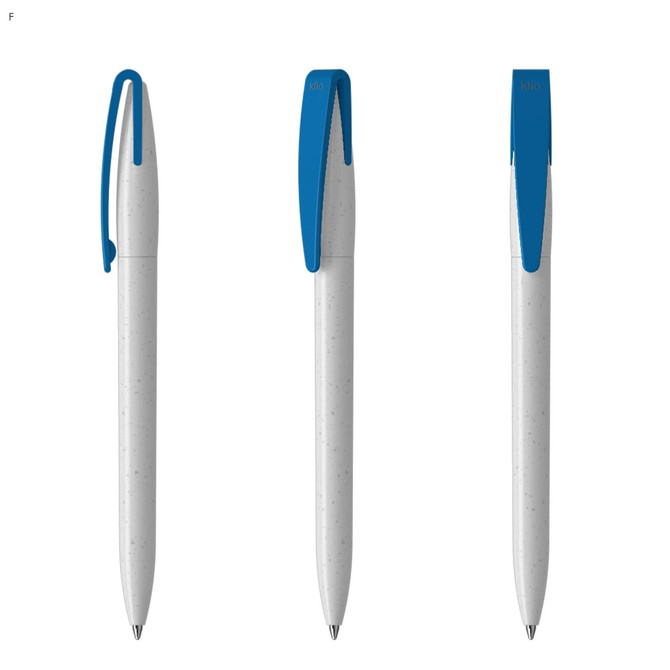 A white plastic pen with a blue clip, featuring a textured design, showcased from three angles.