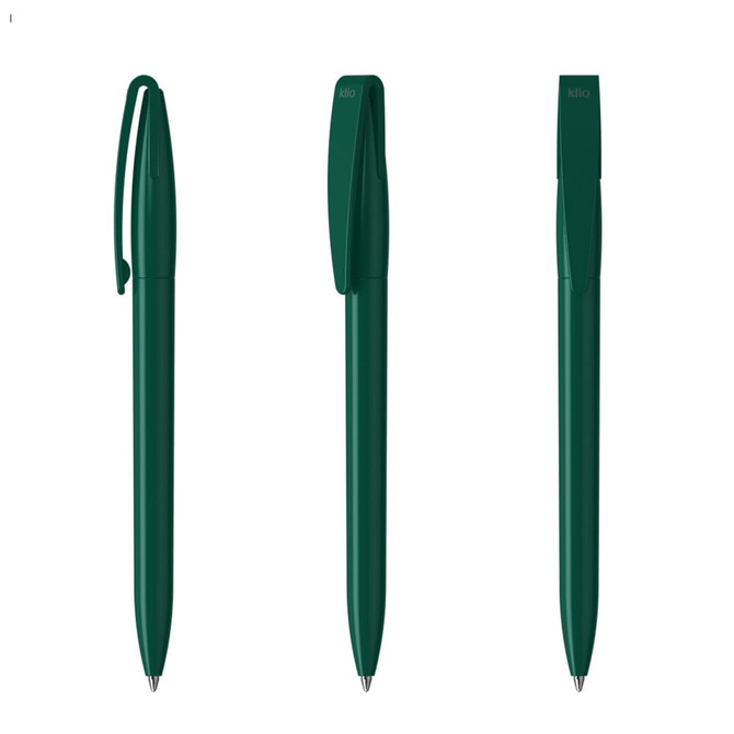 Three green plastic pens displayed together, featuring a clip on each pen and a simple design. Each pen has a logo.
