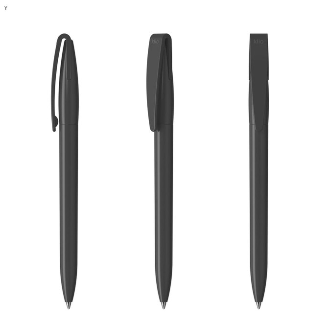 A set of three black plastic pens featuring a clip and a sleek design. Each pen has a simple, modern appearance.