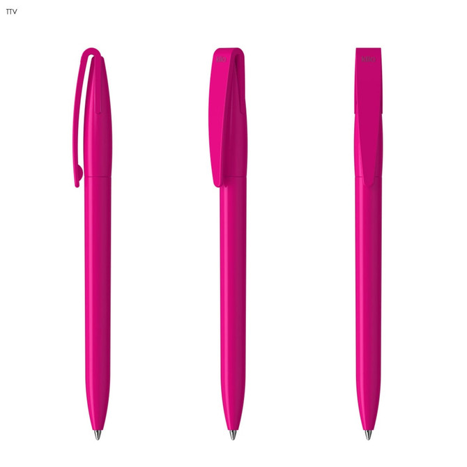 A set of three bright pink plastic pens with a clip design, featuring a smooth barrel and sleek finish.