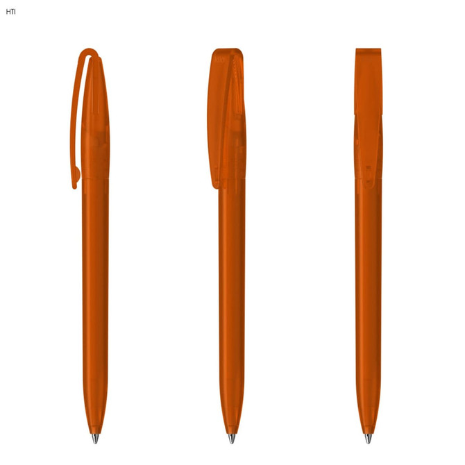 An orange plastic pen with a clip, displayed from three angles. The pen has a smooth barrel and a retractable tip.
