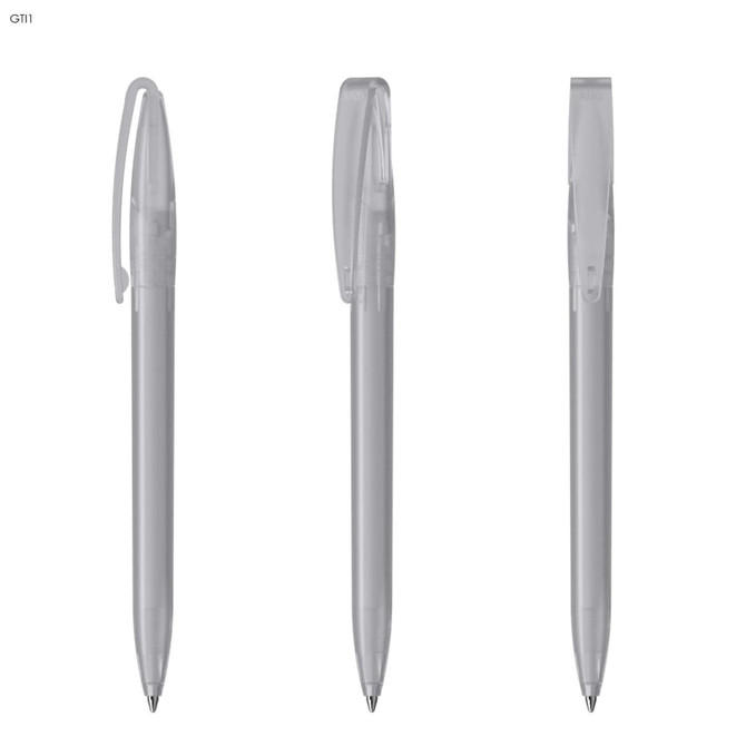 A set of transparent plastic pens in various positions, featuring a clip and a sleek design.