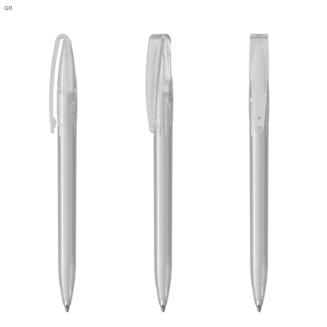 A set of transparent plastic pens with clips, featuring a sleek design and silver detailing.