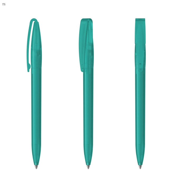 A set of three plastic pens in a vibrant teal colour with clips and transparent caps. Each pen has a sleek design.