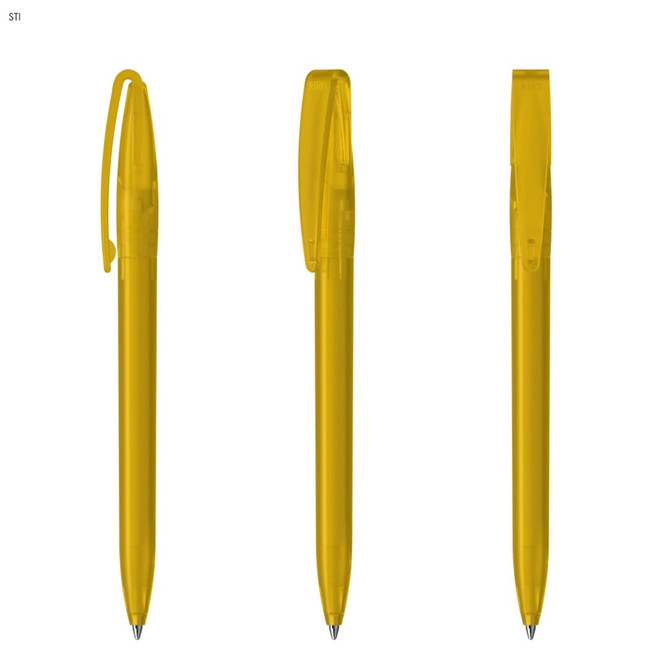 A set of three yellow plastic pens with a clip and retractable tips, features a logo on the barrel.