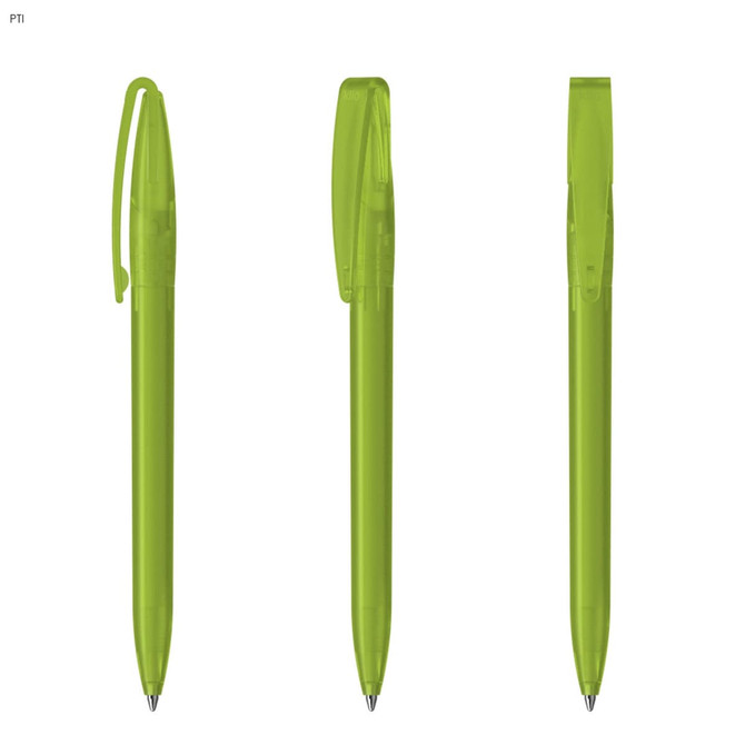 A green plastic pen with a clip, presented in three different angles. The pen features a sleek design and has a logo.