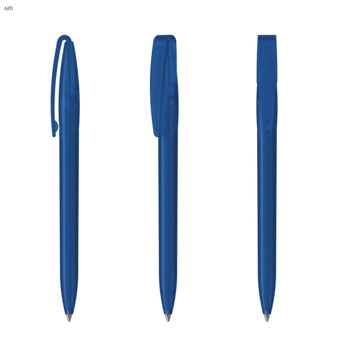 A blue plastic pen with a clip and a sleek design, featuring a retractable tip and a logo.