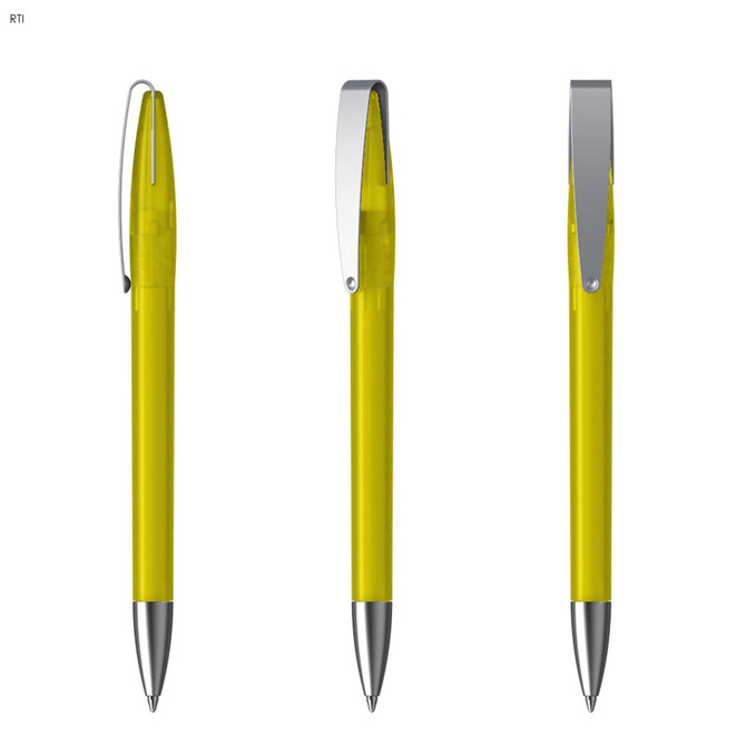 A yellow metal pen with a shiny silver clip, displayed in three different angles.