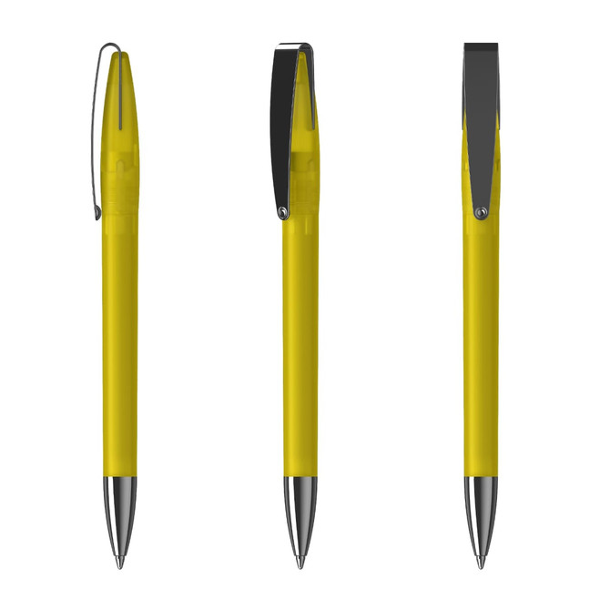 A metal pen with a bright yellow body and shiny silver accents, featuring a clip and a bold design.