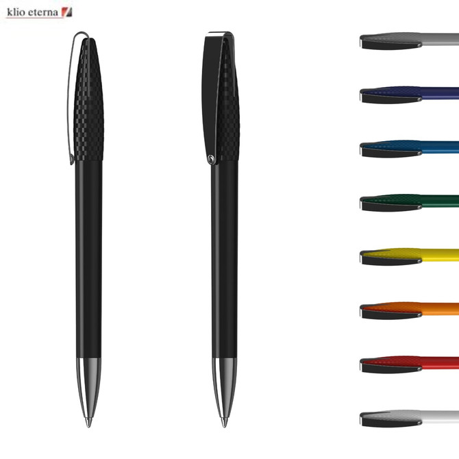 A high-gloss black metal pen with a textured grip, accompanied by a selection of coloured pen caps.