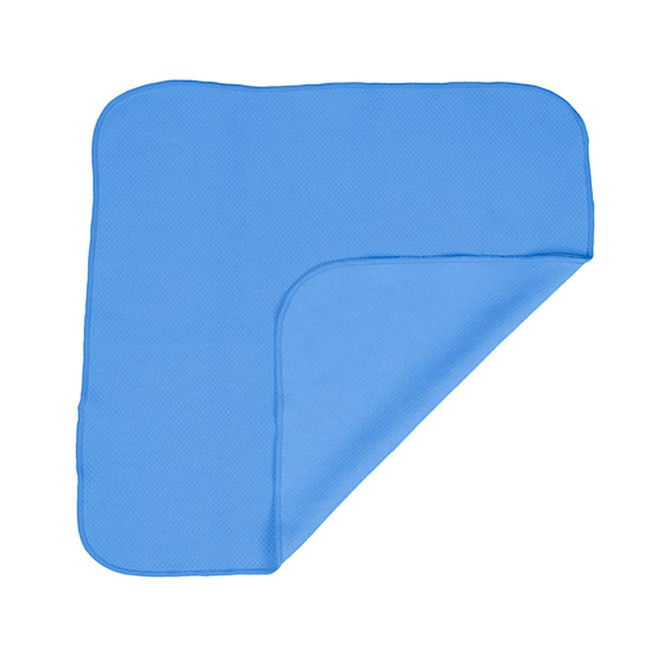 A blue cooling face cloth with a textured pattern, slightly folded at one corner. It has a logo in the corner.