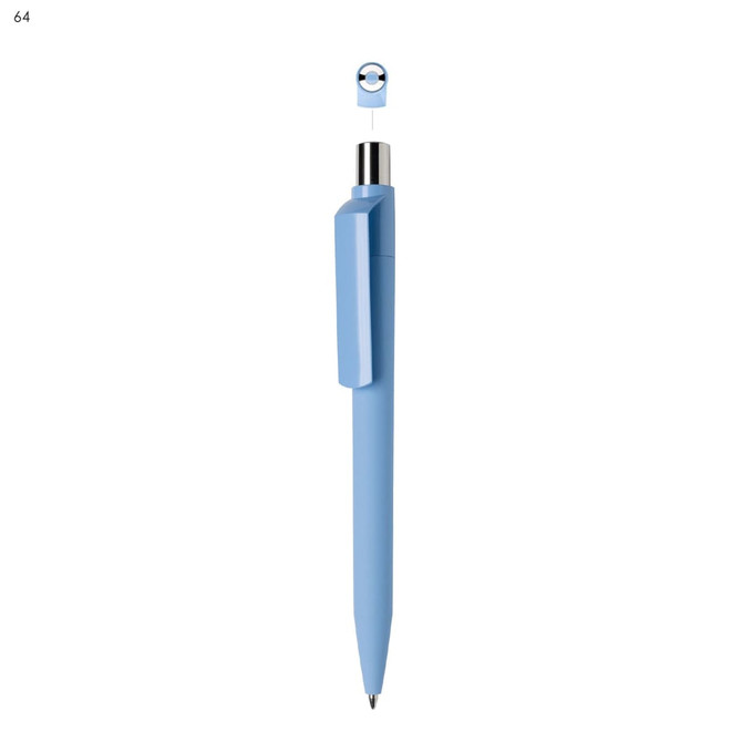 A blue plastic pen with a silver clip and a rounded top, featuring a logo.