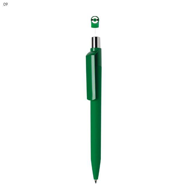 A green plastic pen with a removable cap, featuring a simplistic design and a clip. It has a logo on the pen.