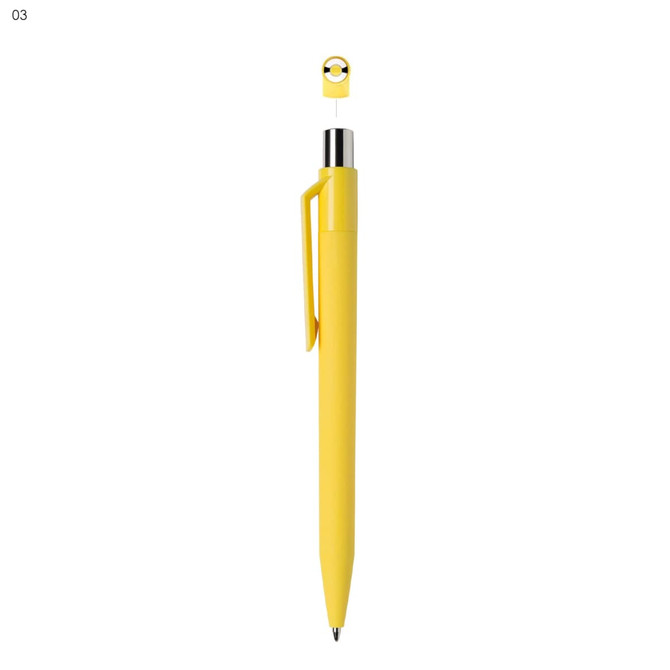 A yellow plastic pen with a clip and a rounded top, featuring a small logo.