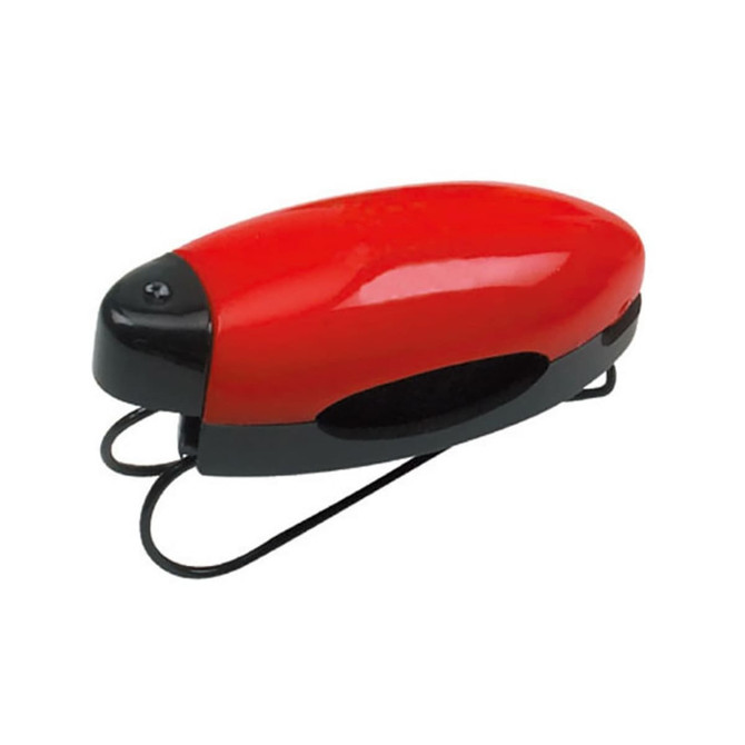 A red and black sunglasses holder with a sleek design, featuring a logo on its surface.