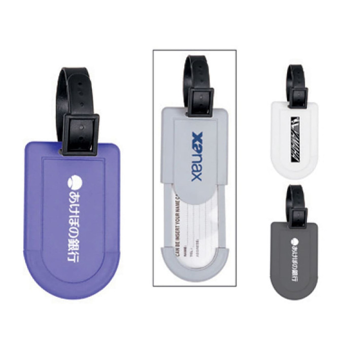 A set of luggage tags in purple, grey, and black, featuring a logo and a transparent section for identification cards.