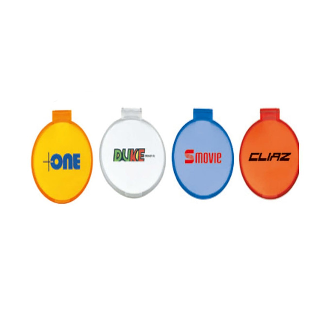 A collection of four circular promotional items in yellow, clear, red, and orange, each featuring different logos.