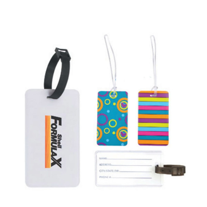 Three luggage tags in various colours, including a plain white tag with a logo and two patterned tags with designs.