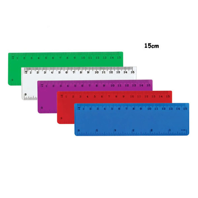 A 15cm ruler set featuring green, white, purple, red, and blue rulers, each with measurement markings.