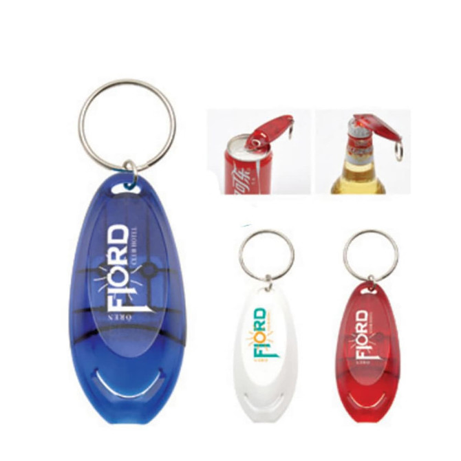 A drink bottle opener in blue, white, and red with a metal keyring, featuring a logo.