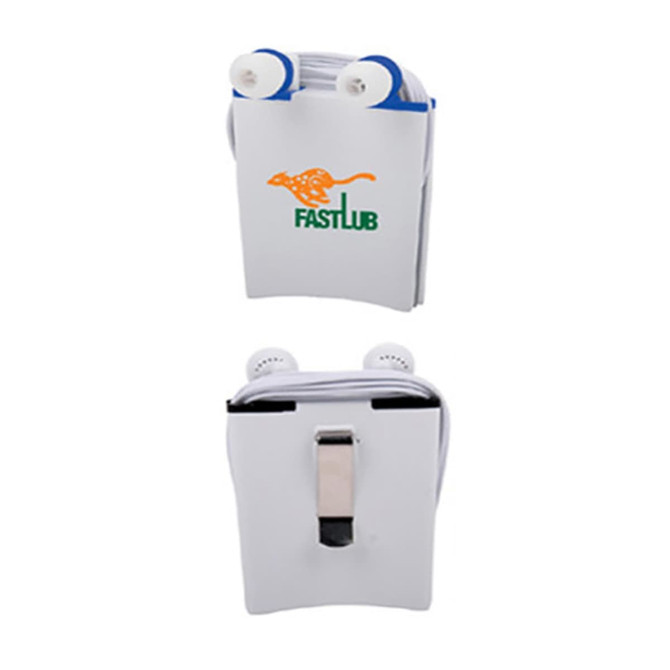 A set of white earbuds with a case featuring a silver clip and a logo on the front.