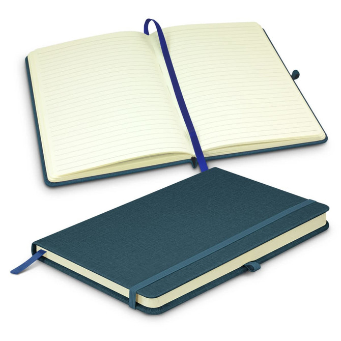 A navy blue notebook with a textured cover, featuring lined pages and a matching ribbon bookmark.