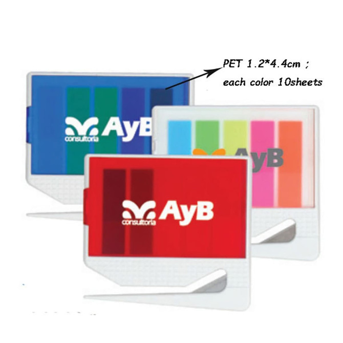 Sticky notes in red, blue, and green with a letter opener. Each colour includes 10 sheets. Features a logo.