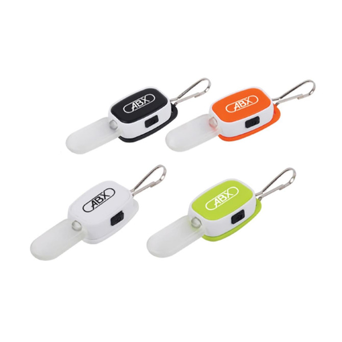 A set of four key lights in white, orange, green, and black, featuring a clip for attachment and a logo.