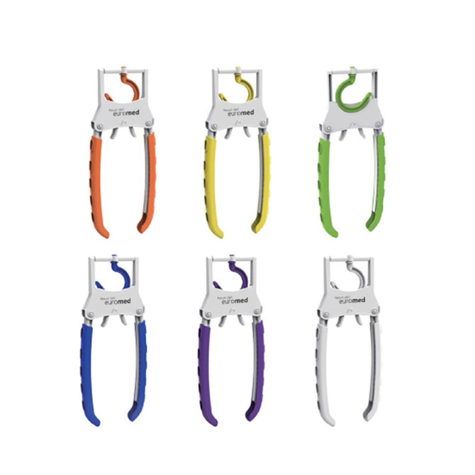 A set of six coat hangers in orange, yellow, green, purple, and white, featuring a metallic frame and ergonomic grips.