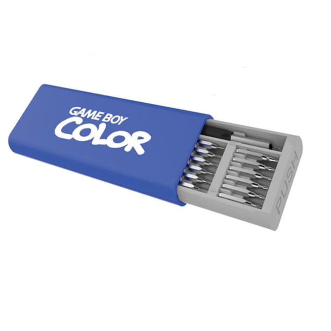 A blue and grey tool set with a sliding case, featuring various tools inside. It has a logo on the front.